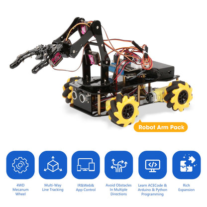 ACEBOTT 5DOF Smart Robot Arm Car Kit, 4WD Remote Control Car Compatible with Arduino/Python/Blockly Programming Project/STEM Education/Science Coding Kit for 12+ Teens and Adults Unique Gifts