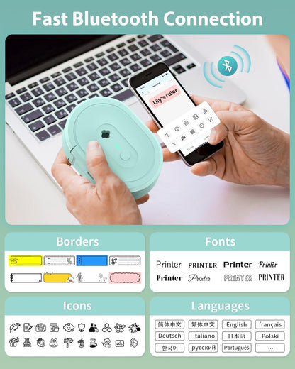 Label Maker Machine with Tape, N12 Portable Bluetooth Label Printer, Wireless Mini Label Makers Thermal Sticker with Multiple Templates for Home, Kitchen, School, Office Organization, Green