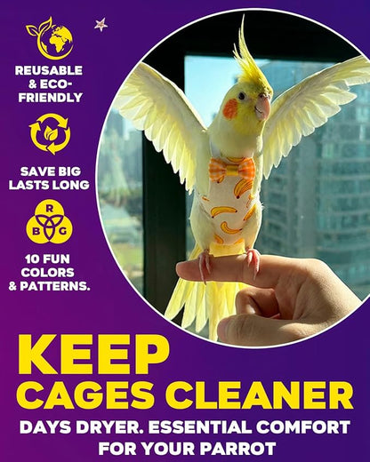 10Pcs Reusable Bird Diapers - Washable Parrot Nappy with Waterproof Lining & Adjustable Straps for Pigeons (Size S)