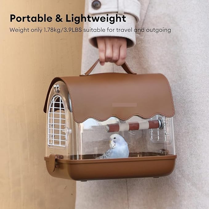 Bird Cage Bird Carrier Backpack with Perch, Transparent Travel Cage Bag with Shade Cover Visible Window for Parrots Budgie Home Decor(Brown)