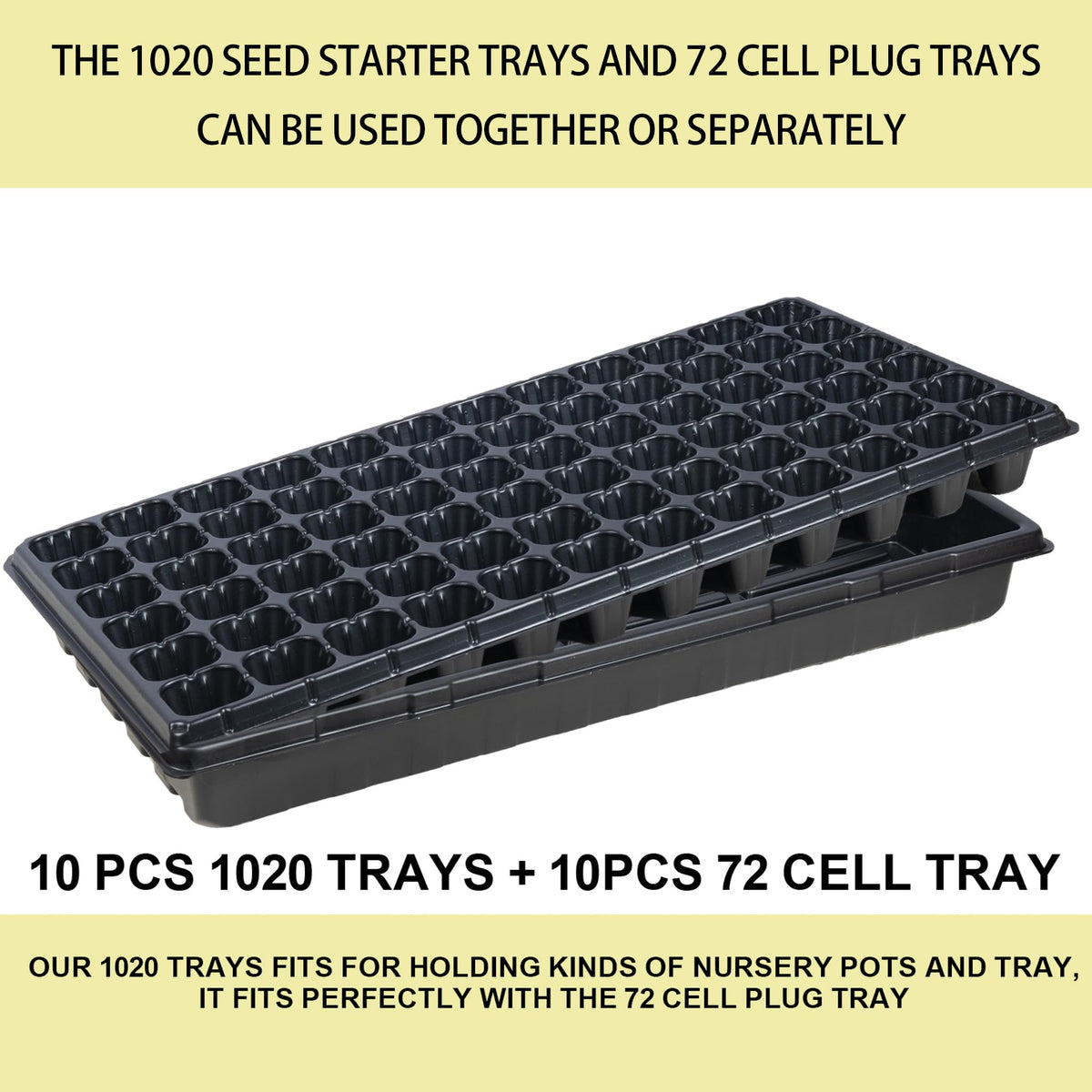 Hourleey 20 Pack Trays Include 10 Pack 1020 Seed Starter Trays and 10 Pack 72 Cell Plug Trays, Thick Durable Plastic Plant Nursery Tray, Propagation Tray for Seedlings Microgreens Fodder Plant