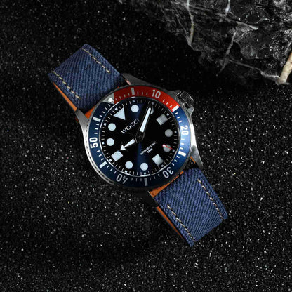 WOCCI 20mm Watch Band, Italian Leather, Denim Pattern, Silver Buckle (Denim Blue)