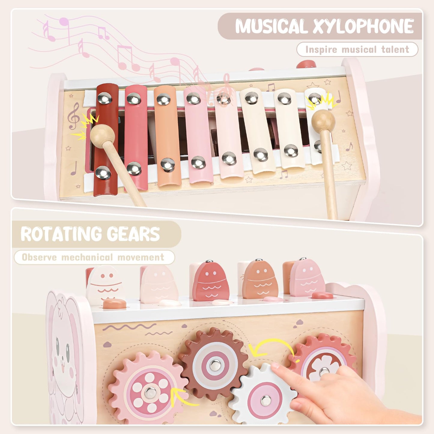 Joyreal Montessori Toys for 1 Year Old Girl Gift - Pink Wooden Hammering Pounding Toy with Xylophone & Fishing Game - Toddler Learning Activities for Kids 1+ 2 3 Year Old Christmas Birthday Gifts