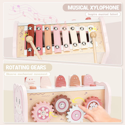 Joyreal Montessori Toys for 1 Year Old Girl Gift - Pink Wooden Hammering Pounding Toy with Xylophone & Fishing Game - Toddler Learning Activities for Kids 1+ 2 3 Year Old Christmas Birthday Gifts