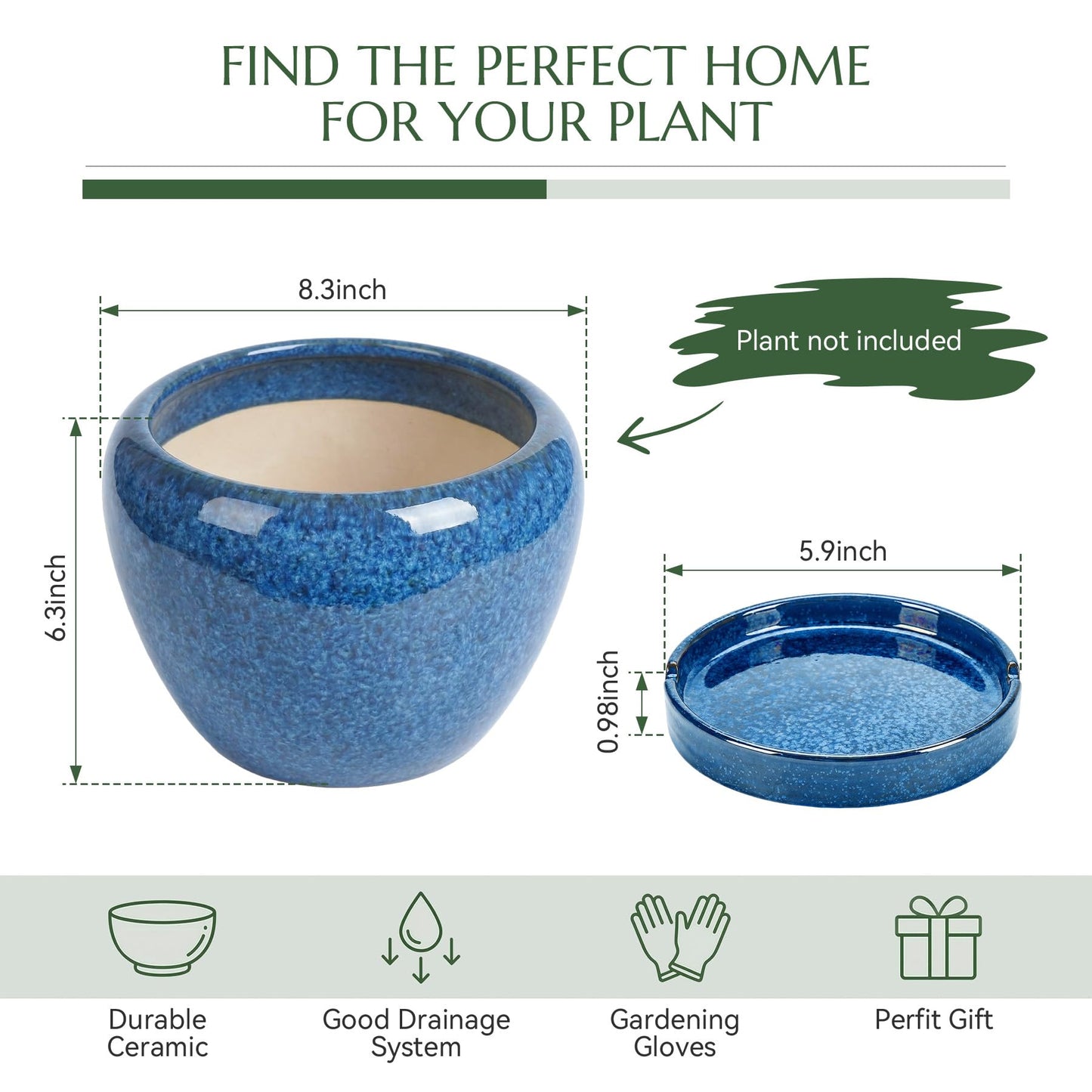 TOSELBAI 8.3 Inch Ceramic Planter with Saucer Leak-Proof Mesh &Drainage, Round Plant Pot with Gardening Gloves for Indoor Outdoor Plants (Sapphire Blue Glaze)