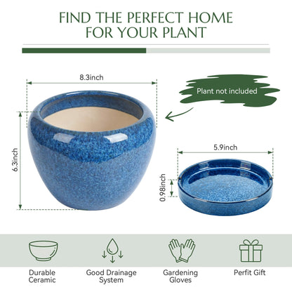 TOSELBAI 8.3 Inch Ceramic Planter with Saucer Leak-Proof Mesh &Drainage, Round Plant Pot with Gardening Gloves for Indoor Outdoor Plants (Sapphire Blue Glaze)