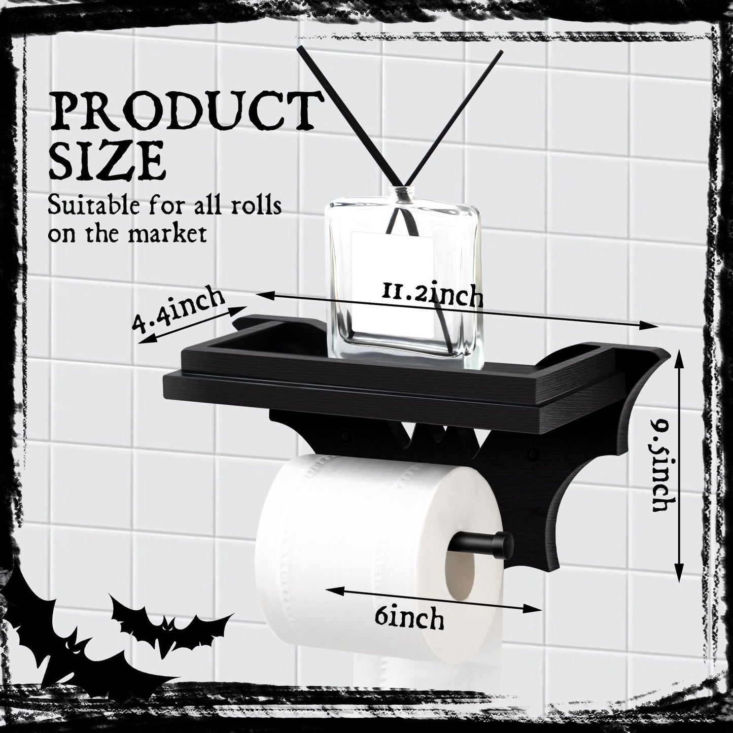 Chunful Bat Toilet Paper Holder with Shelf Gothic Creepy Wooden Black Paper Roll Holder Wall Mount Gothic Christmas Halloween Decor for Bathroom