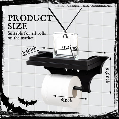 Chunful Bat Toilet Paper Holder with Shelf Gothic Creepy Wooden Black Paper Roll Holder Wall Mount Gothic Christmas Halloween Decor for Bathroom