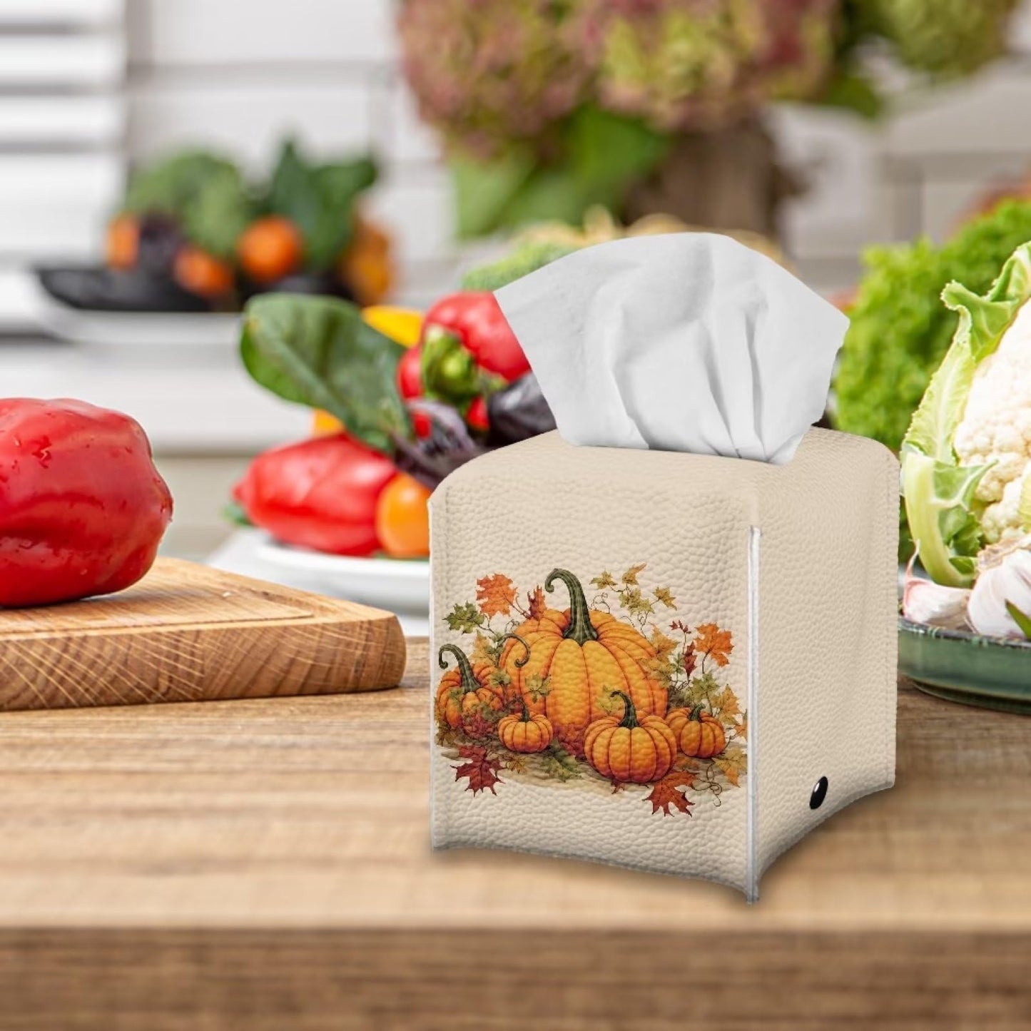 NETILGEN Tissue Box Cover Decorative Holder PU Leather Square Tissue Case Dispenser for End Table, Office Desk, Nightstand, Home Autumn Decoration, Pumpkin Fallen Leaf