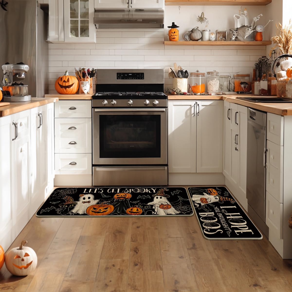 Artoid Mode Black I Hope You Brought Boos Spider Web Pumpkin Halloween Kitchen Mats Set of 2, Black Cat Home Decor Low-Profile Kitchen Rugs for Floor - 17x29 and 17x47 Inch