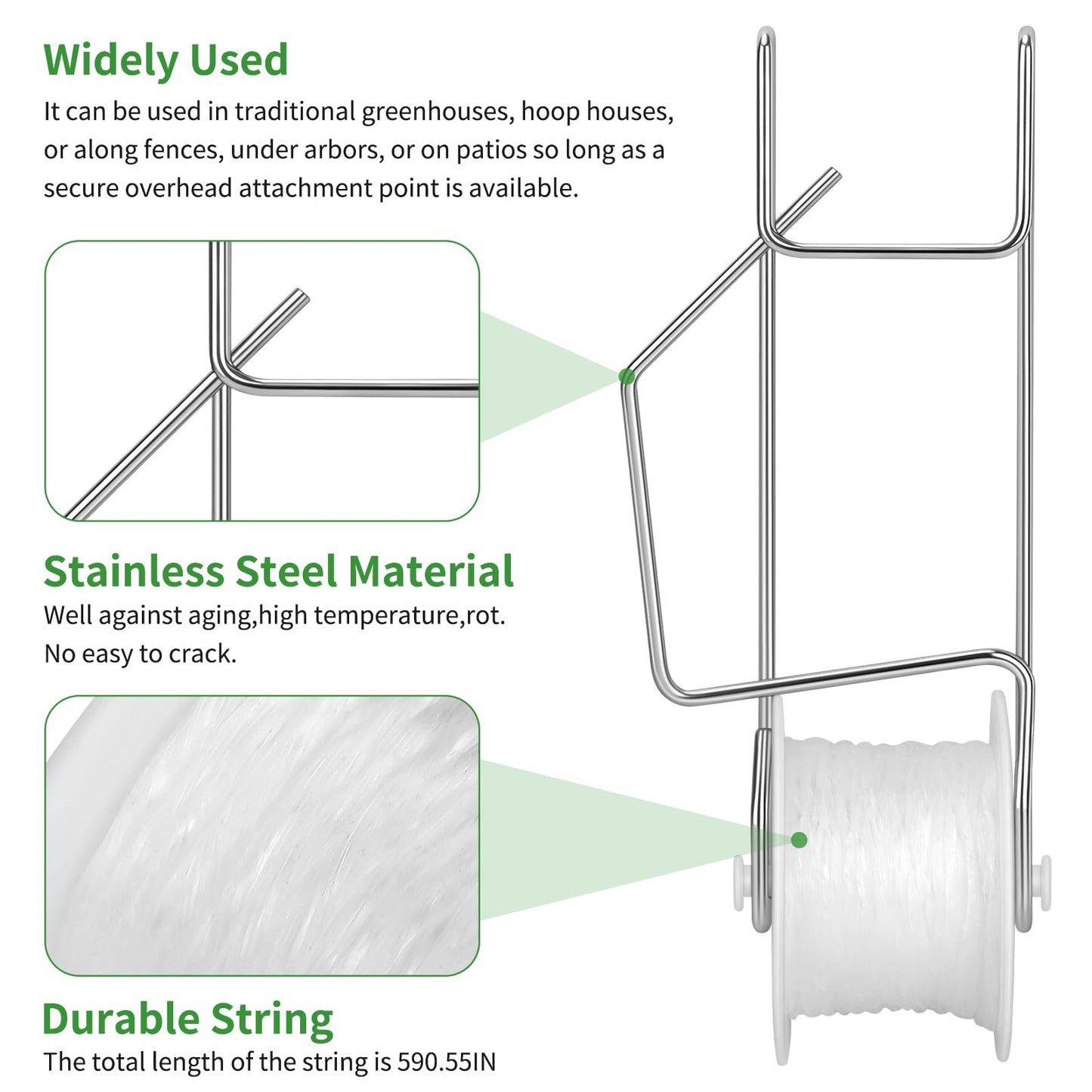 10 Pack Tomato Roller Hooks with 49.2FT String,Tomato Roller Hooks for Greenhouse,Plant,Flower Vine Crop Trellis Kit
