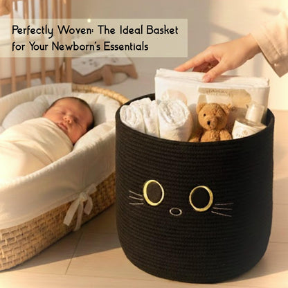 Nursery Storage Basket, 25L Large Woven Cotton Rope Baby Bin, Black Cat Design, Cutout Handles, Foldable, Washable, & Baby-Safe Organization for Kids Toy, Stuffed Animals, Laundry Hamper (Black Cat)