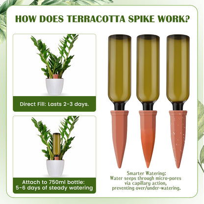 SHENGYIWA 12 Pcs Self Watering Spikes for Plants Terracotta Automatic Plant Waterer Stakes with(25.5 Oz) Plastic PET Bottles, 6 Set Self Watering Globes Keep Plants Watered for 7-9 Days (6, Green)