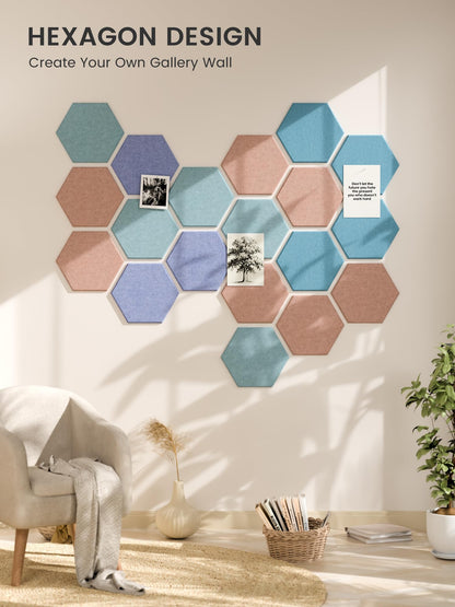 Fluxynara Hexagon Cork Board Alternative for Walls Decor-8-Pack Felt Bulletin Board Tiles,with 30 Pushpins,50 Adhesive Tabs for Office& Home Pin Board Felt Board-Coastal Haze