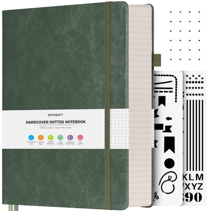 OFFIGIFT Dotted Journal Notebook, 312 Numbered Pages Large B5 Hardcover Leather Notebook, 100gsm No Bleed Paper Dot Grid Notebook with Index Pages, Dot Journal for Women Men, 7.6'' X 10'', Green