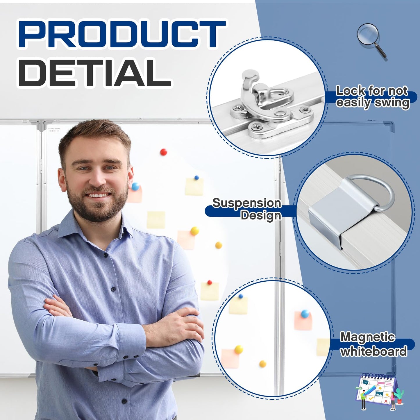AmazingSpark 72” x 40” Foldable Whiteboard Dry Erase Board Large Tri Folding Whiteboard Magnetic Dry Erase Board, Wall Aluminium Frame and Pen Tray for Office, Home