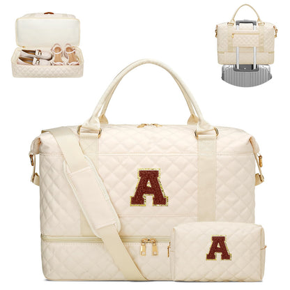 Gifts for Women Initial Travel Duffle Bag Quilted Weekender Bags Carry-On Overnight with Cosmetic Bag, Gym Bag with Shoe Compartment Hospital Bag for Women Labor Delivery, Beige-A