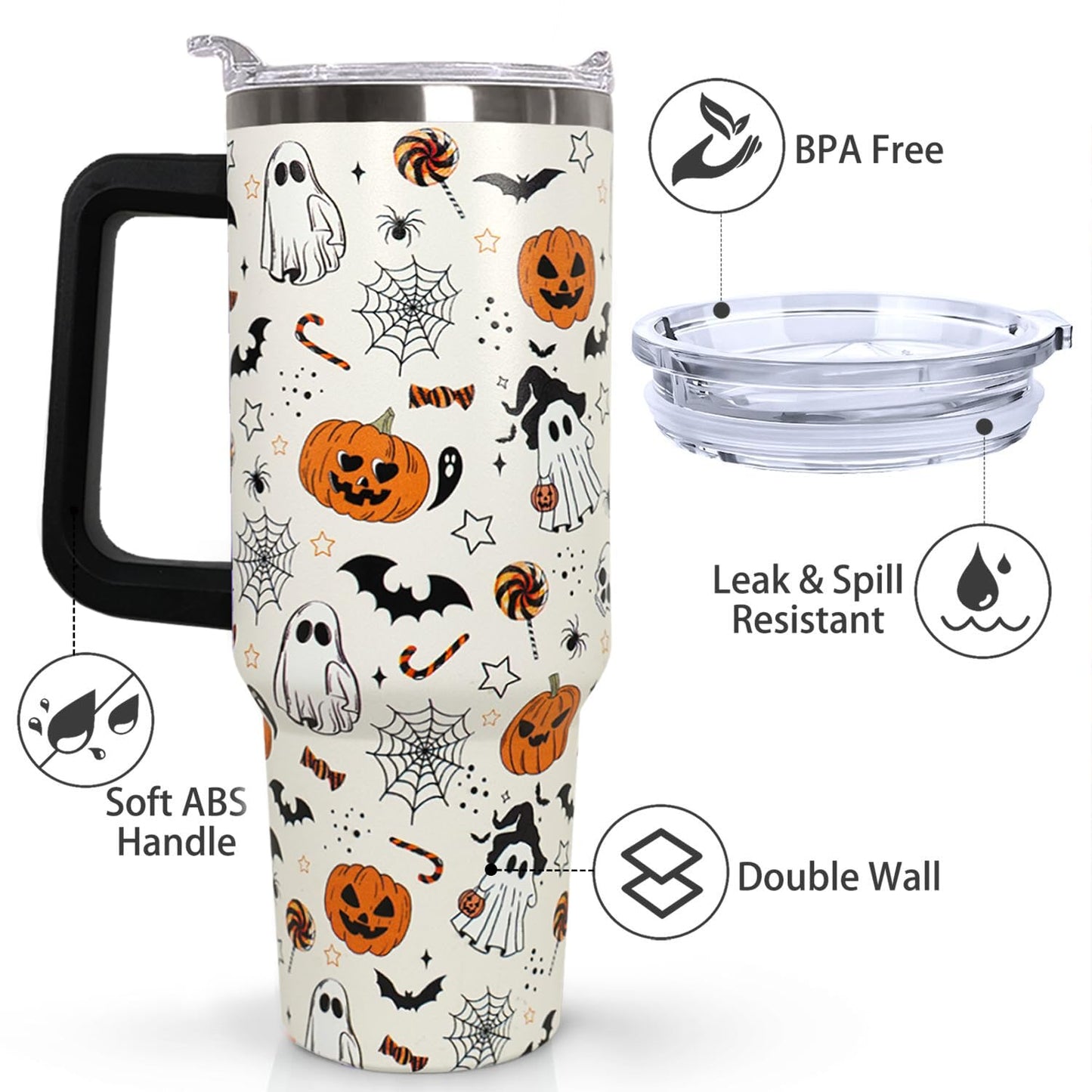 Ceovfoi 40 oz Halloween Pumpkin Tumbler Insulated Stainless Water Bottle Travel Coffee Cup, Water Bottle - Goth Ghost Witch Decor Gift for Women