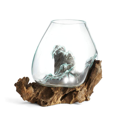 Cohasset Molten Glass | #650-24 | Molten Glass & Wood Luminary Sculpture | Terrarium | Fairy Garden | Approximately 9.5" Wide | Natural Wood and Recycled Glass |