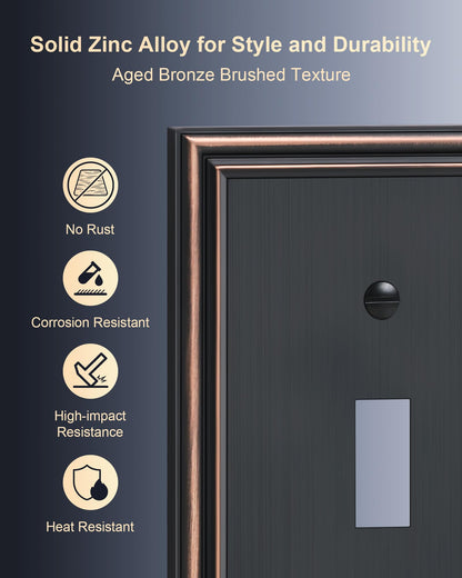 TREEWELL 4-Pack Single Toggle Light Switch Cover Plate, Durable Solid Zinc Alloy Decorative Switch Plate Covers, Aged Bronze 1 Gang Wall Plate, Corrosion Resistant