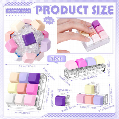 Halloscume 5 Pcs Keyboard Adult Fidget Clicker in 5 Styles Keyboard Fidget Keychain Cube Mechanical Key Button Clicker Stress Relief Gift for Office Home Pass Time(Purple Pink)