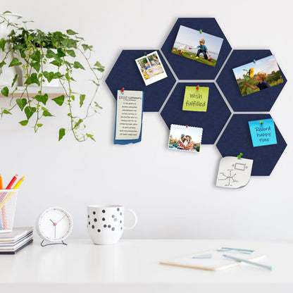 SEG Direct Hexagon Felt Cork Board Tiles, Hexagon Felt Bulletin Board Tiles Self Adhesive Picture Board, Memo Notice Tiles Pin Board for Walls Office, 11.8" x 10.2", 5PCS(Dark Blue)