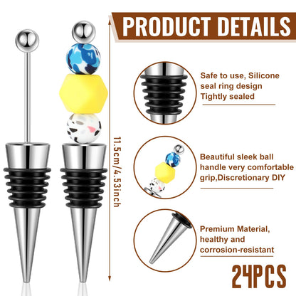 Tandefio 24 Pcs Beadable Wine Stoppers Bulk Bottles Decorative Beadable Wine Bottles Stopper Reusable for Beverage Gifts Holiday Party Wedding Bar