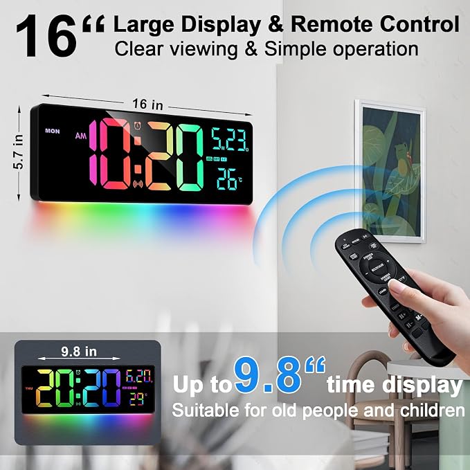 16" Bluetooth Large Digital Wall Clock/Auto Time Sync, 10 RGB Colors Digital Clock Large Display with Remote, Auto-Dimming/DST, Calendar, Timer, Alarm, 6 Night Lights Big Clock for Decor