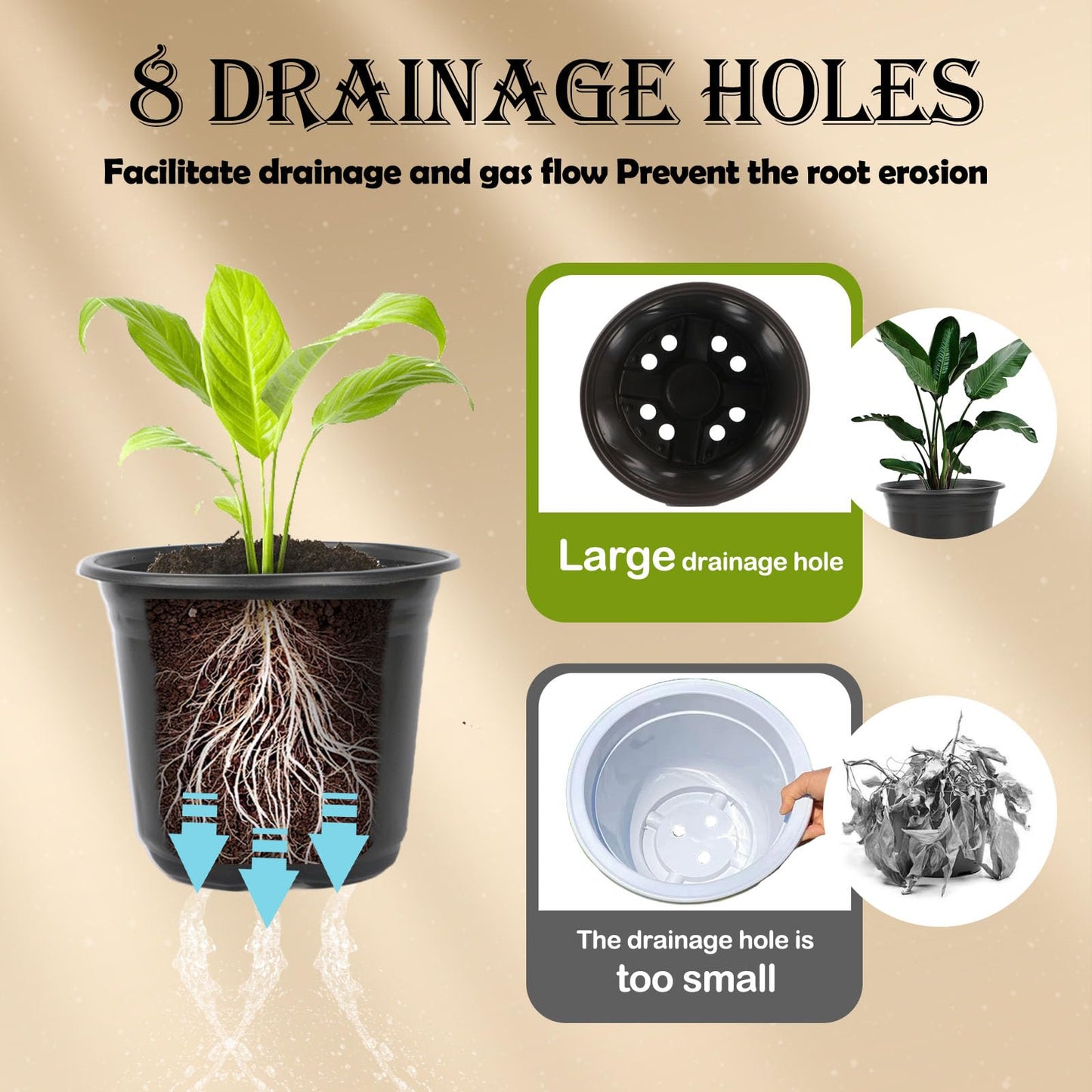 TAQIXI 100 Packs 4 5 6 Inch Nursery Pots, Plastic Nursery Pots for Plants with Drainage Holes, Seed Starting Garden Pots of Flower Plant Container for Succulents, Transplanting (100, 5 Inch)