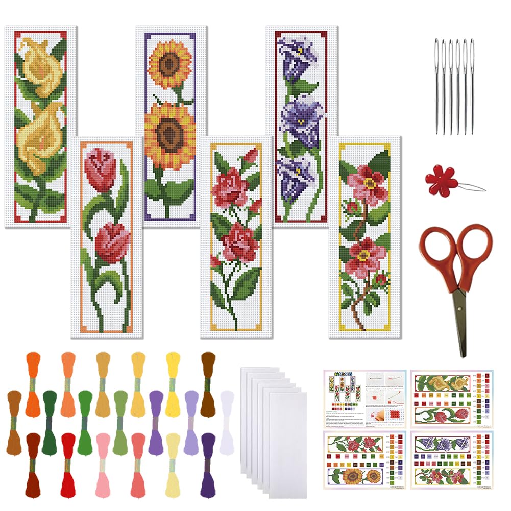 FREEBLOSS 6 Set Bookmark Cross Stitch Kits Stitch Bookmark Cross Stitch Kits with Instructions 6 Flowers Pattern Embroidery Kit for Beginners Bookmark Making Kit for Gift