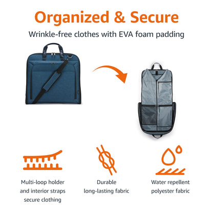Amazon Basics Carry-On Garment Bag for Travel and Business Trips with Detachable Shoulder Strap, Hanging Suit Luggage, Wrinkle Free Cover for Suits Dresses Coats, Foldable with Shoe Compartment, Navy