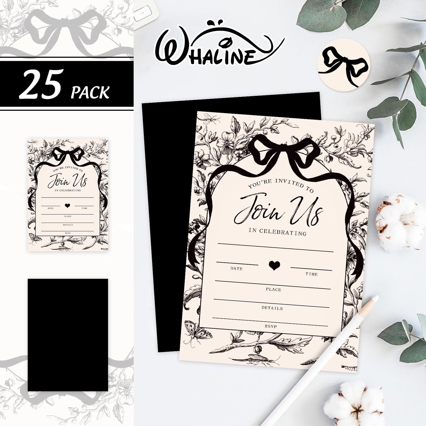 Whaline 25 Pack Black Bow Floral Invitations with Envelopes Stickers Vintage Bowknot Flower Invitation Cards Blank Invites for Coquette Celebration Party Supplies, 5 x 7 Inch