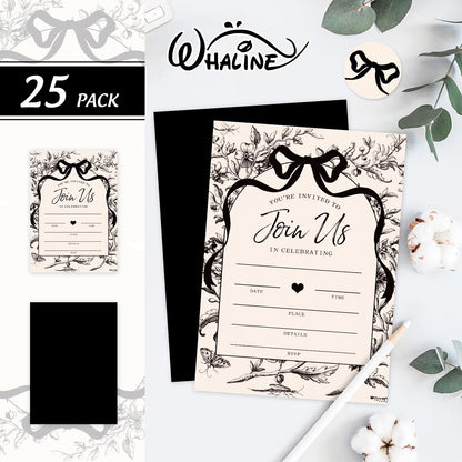 Whaline 25 Pack Black Bow Floral Invitations with Envelopes Stickers Vintage Bowknot Flower Invitation Cards Blank Invites for Coquette Celebration Party Supplies, 5 x 7 Inch