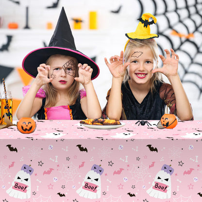 MEHOFOND 3 Pack Pink Halloween Plastic Tablecloths, Little Boo Baby Shower Decorations, Halloween Spooky Spider Web Happy Booday Disposable Table Cover Party Supplies for Birthday Baby Shower