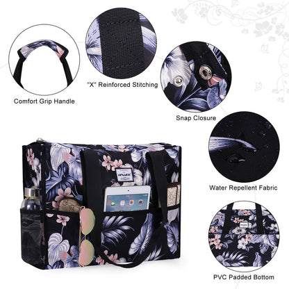 HAWEE Utility Zippered Tote Bag with Laptop Compartment and Luggage Sleeve for Nursing Work Travel 15 Pockets Water Repellent Commuter Bag, Hibiscus