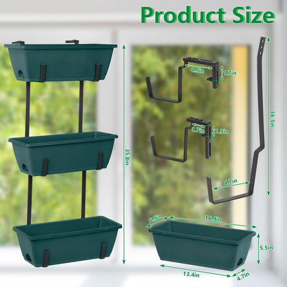 Window Boxes Planters with Adjustable Brackets Set of 2 Outdoor Fence Planters, Over the Deck Railing Planter Box with 6 Pack Hanging Plastic Flower Pots, Drainage Holes for Balcony, Patio, Green