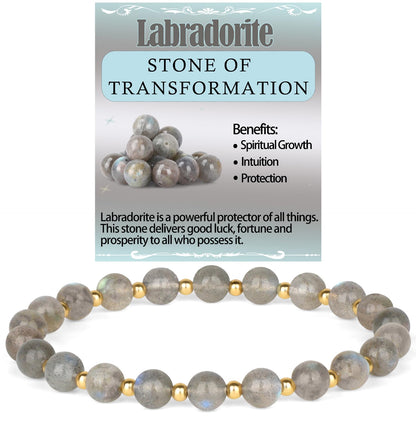 QOGIR Labradorite - Stone of Transformation - 14K Gold Plated Beads Natural Gemstone Stretch Elastic Dainty Healing Beaded Bracelets Gifts 6mm