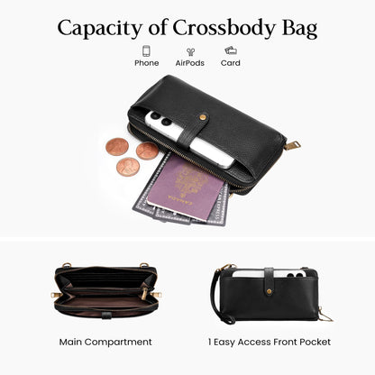 befen Genuine Leather Wristlet Wallets for Women, Black Cell Phone Purse with Built in Wallet Soft Real Leather Crossbody Bag with RFID Blocking Travel Small Cluth Purse with Wrist and Crossbody Strap