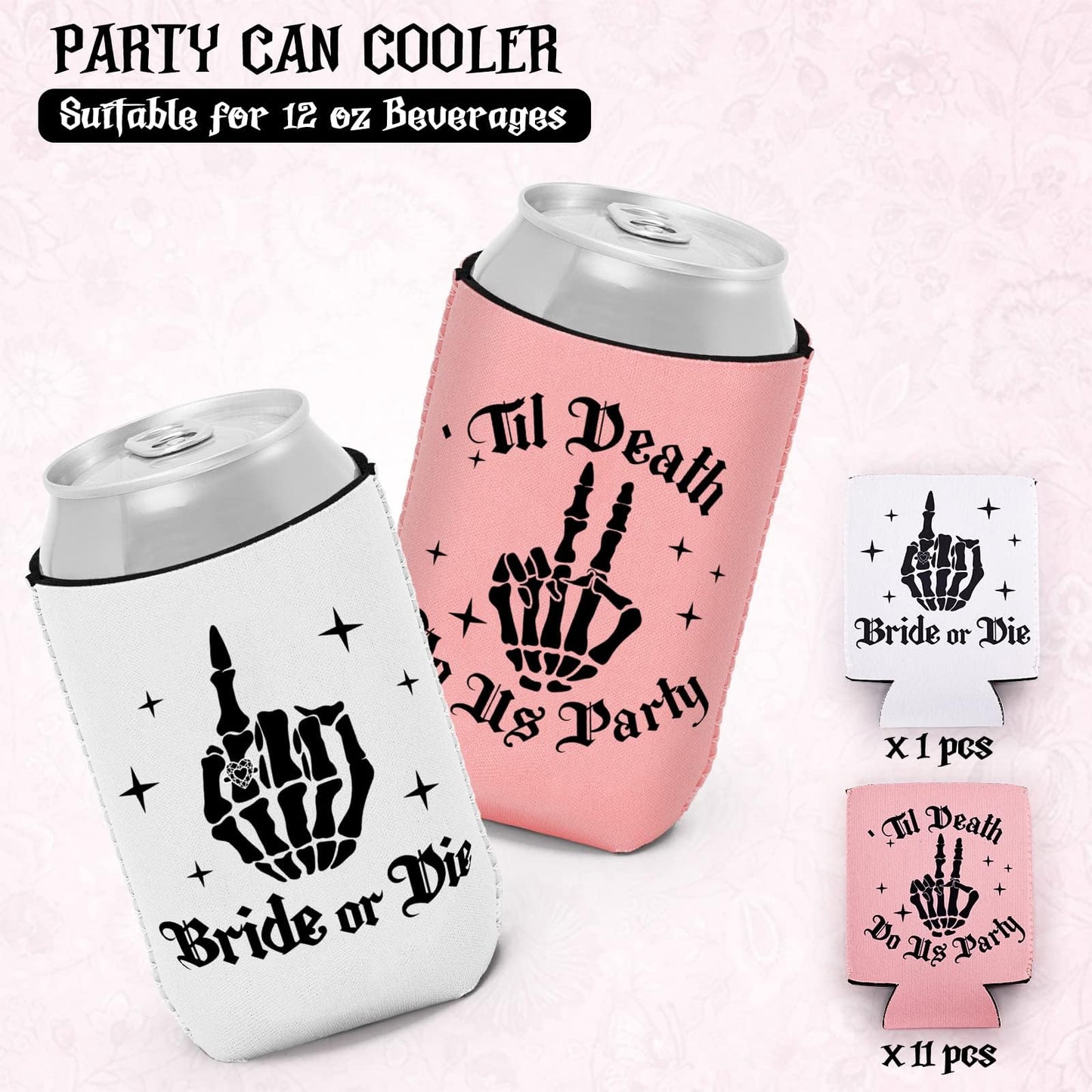 CiyvoLyeen 12PCS Bride or Die Bachelorette Can Coolers, Gothic Till Death Do Us Party Can Sleeves for Bridal Shower, Reusable Beer Bottle & Soda Holders