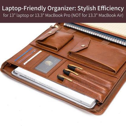 Genuine Leather Portfolio with Hidden Handle, Zippered Front Pocket, Business Padfolio for Men and Women, 8.5 x 11 Legal Pad Notebook Holder, Office Letter Notepad Folio, Oil Tanned