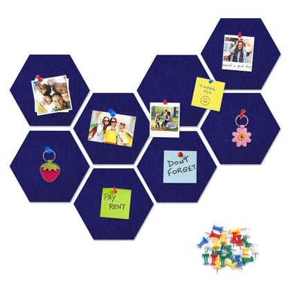 8 Packs Royal Blue Hexagon Felt Pin Board, 12" Bulletin Board with 30 Push Pins, Felt Board for Home Kitchen Office Decor, Self-Adhesive Corkboard Tiles for Walls Message Photos Memos Display
