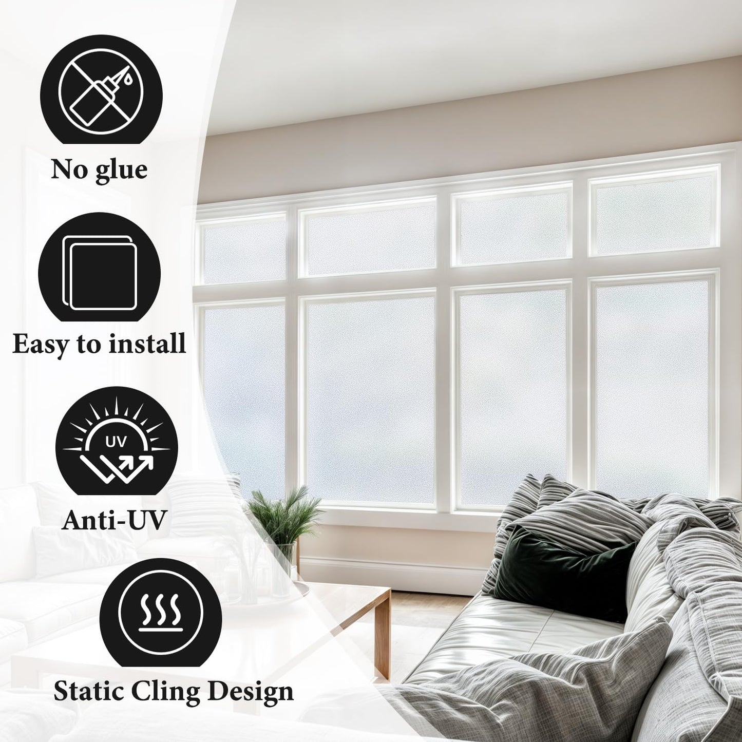 DUOFIRE Frosted Glass Window Privacy Film, Static Cling No Glue Heat Blocking, Renter-Friendly Removable Anti-UV Anti-Glare Decorative Covering for Home Bathroom Bedroom Office 35.4 x 78.7 in