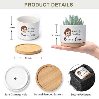 Mikopei Golden Girls Merchandise - Funny Succulent Pots Set of 4, Golden Girls Gifts for Women, Ceramic Mini Cute Planters with Bamboo Tray for Office Desk Indoor Decorations