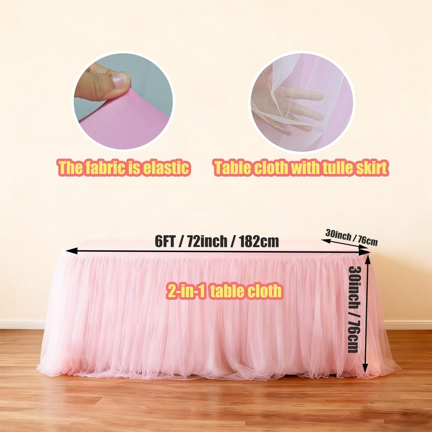 Yoquare 1-Pack Pink 2-in-1 Tulle Tablecloth for 6-Foot Rectangular Table – Stretch Fitted Table Skirt & Cover for Baby Shower, Bridal, Birthday, Princess Party