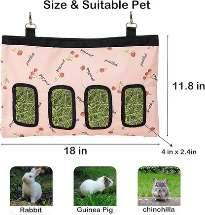 Rabbit Hay Feeder Bag, Large Capacity Rabbit Hay Bag Small Animal Hanging Hay Bag 600D Oxford Cloth Bunny Hay Feeder Bag for Rabbits Guinea Pigs Chinchillas (Pink-4 Holes-1Pcs)