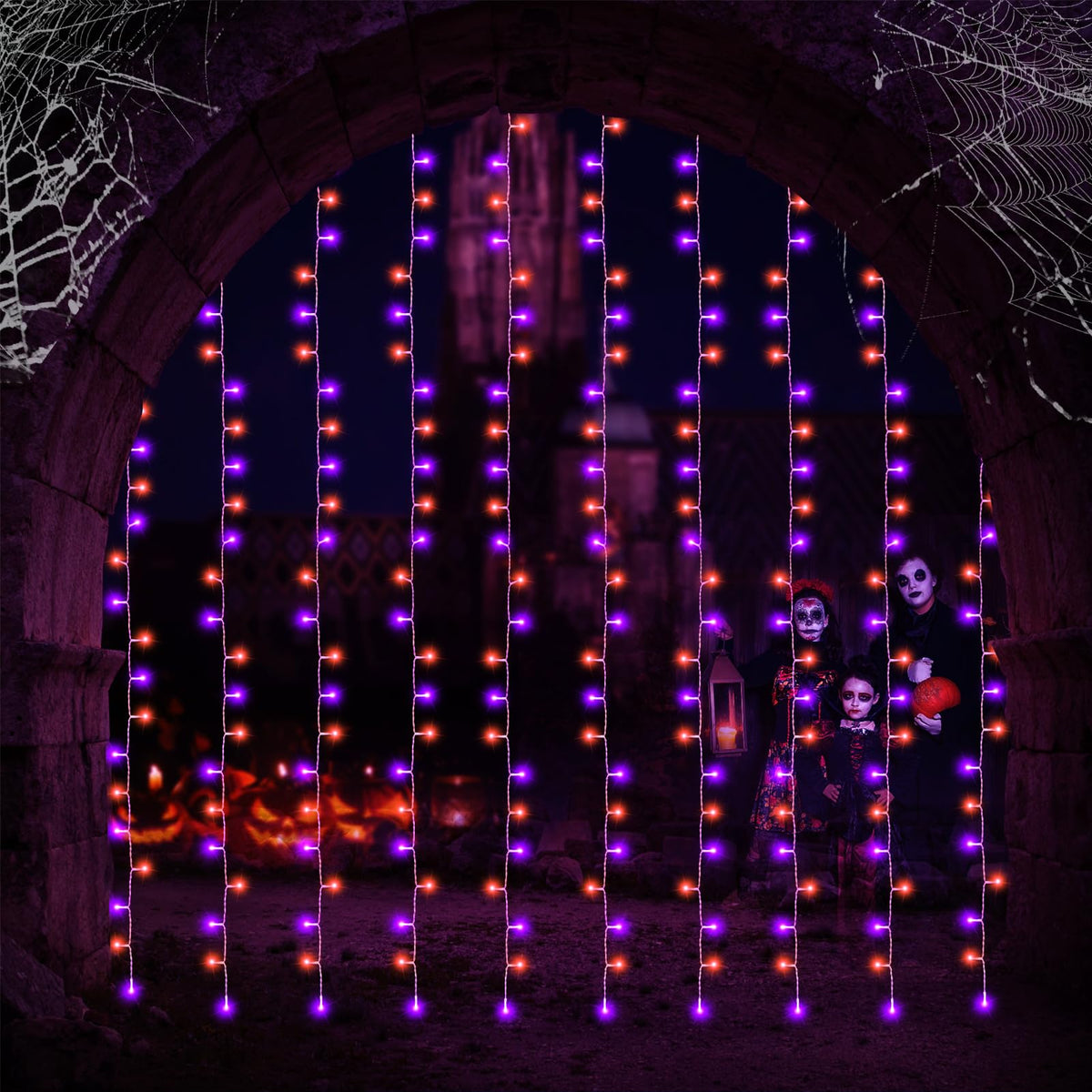 echosari Halloween Curtain Lights Battery Operated, 300 LED Purple Orange Fairy Curtain Lights 9.8Ft x 9.8Ft Hanging Lights with Remote Timer for Party Garden Yard Decor