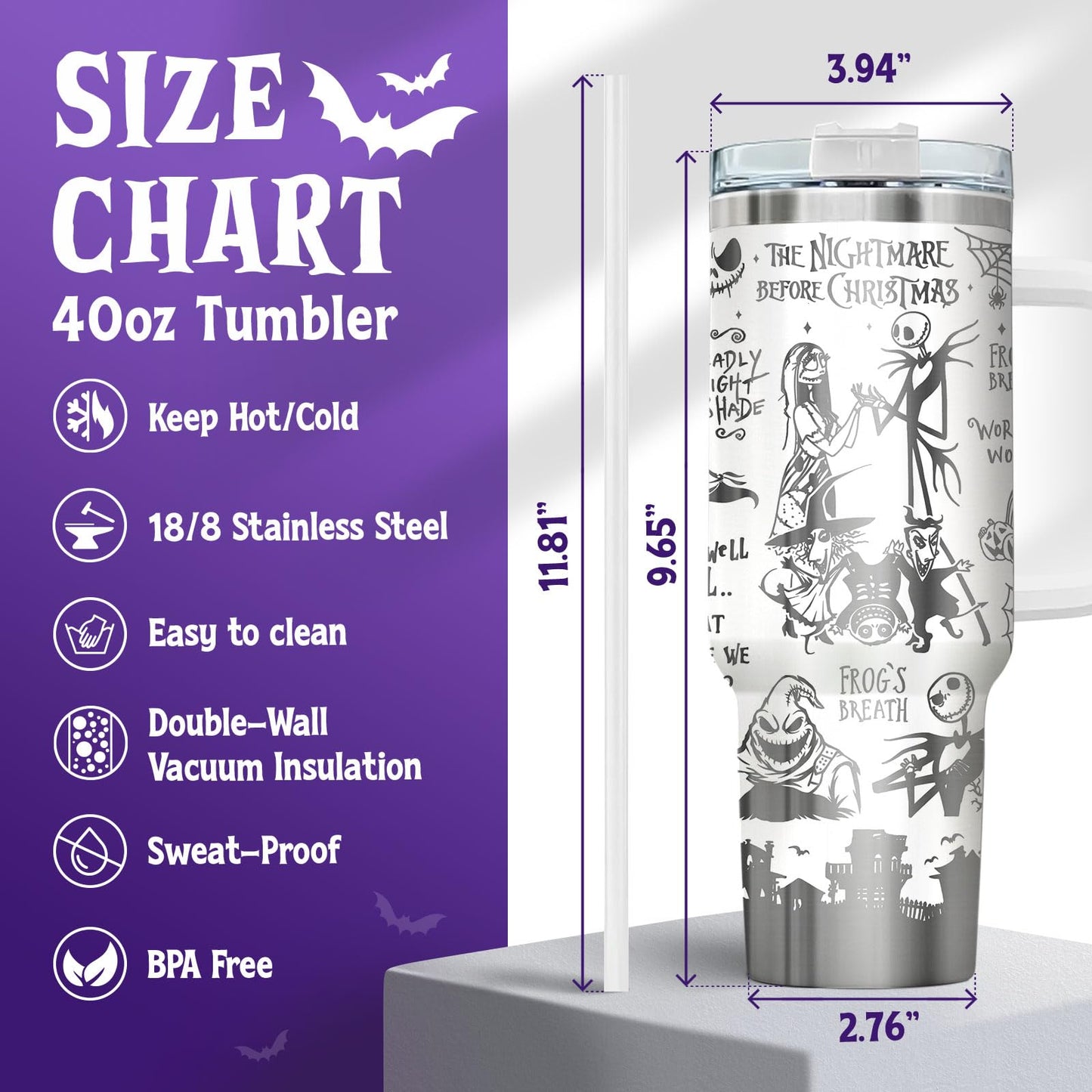 fat mummy Spooky Christmas Tumbler – 40 oz Laser Stainless Steel Mug with Handle – Nightmare Halloween Movie Cup Gifts for Fans of Dark Romance, Birthdays & Holidays