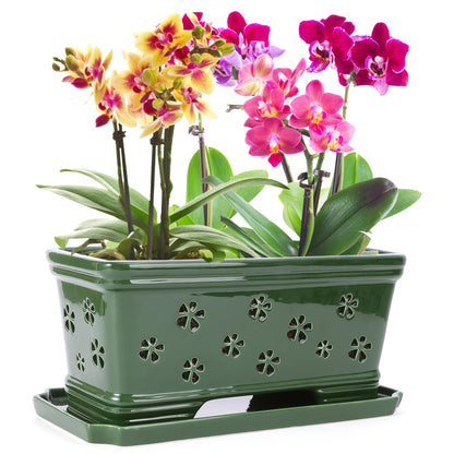 EXQUAILTY Orchid Pot with Holes12 Inch Ceramic Plant Pots with Drainage Holes and Tray, Promoting Air Circulation and Drainage, Indoor/Outdoor Green Flower Pots