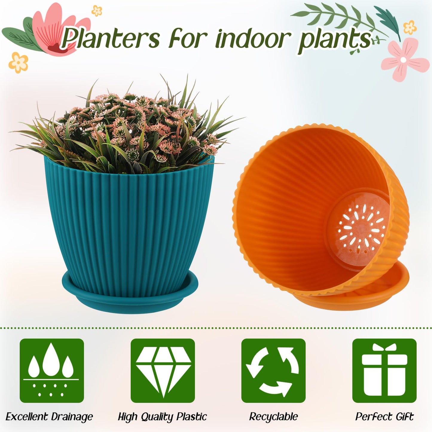Suclain 10 Pack 6 Inch Plant Pots with Drainage Hole and Tray Saucer Plastic Flower Pots for Indoor Plants for Your Room, Office, Garden Decor(Vertical Stripe)