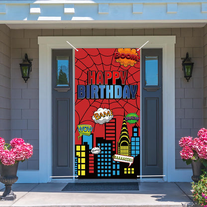 Red Spider Web Door Banner, 6x3ft Superhero Party Decoration Door Cover for Boys Birthday, Kids Party Supplies, Photography Photo Background